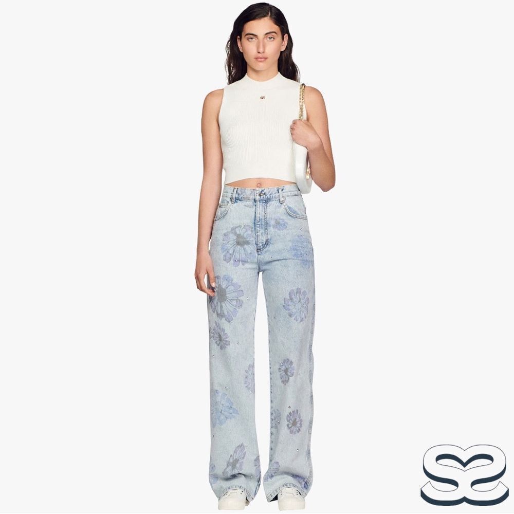 Sandro **NWT** Blossom Floral Print Rhinestone Straight Jeans in Blue Je… - Picture 6 of 15